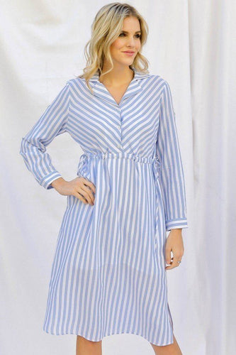 Stripe Print Cinched Waist Long Sleeve Shirt Midi Dress freeshipping - Quail Creek