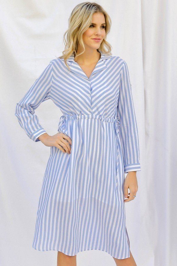 Stripe Print Cinched Waist Long Sleeve Shirt Midi Dress freeshipping - Quail Creek