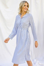 Load image into Gallery viewer, Stripe Print Cinched Waist Long Sleeve Shirt Midi Dress freeshipping - Quail Creek
