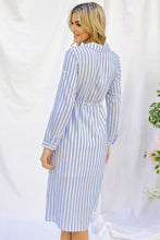 Load image into Gallery viewer, Stripe Print Cinched Waist Long Sleeve Shirt Midi Dress freeshipping - Quail Creek
