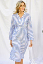 Load image into Gallery viewer, Stripe Print Cinched Waist Long Sleeve Shirt Midi Dress freeshipping - Quail Creek
