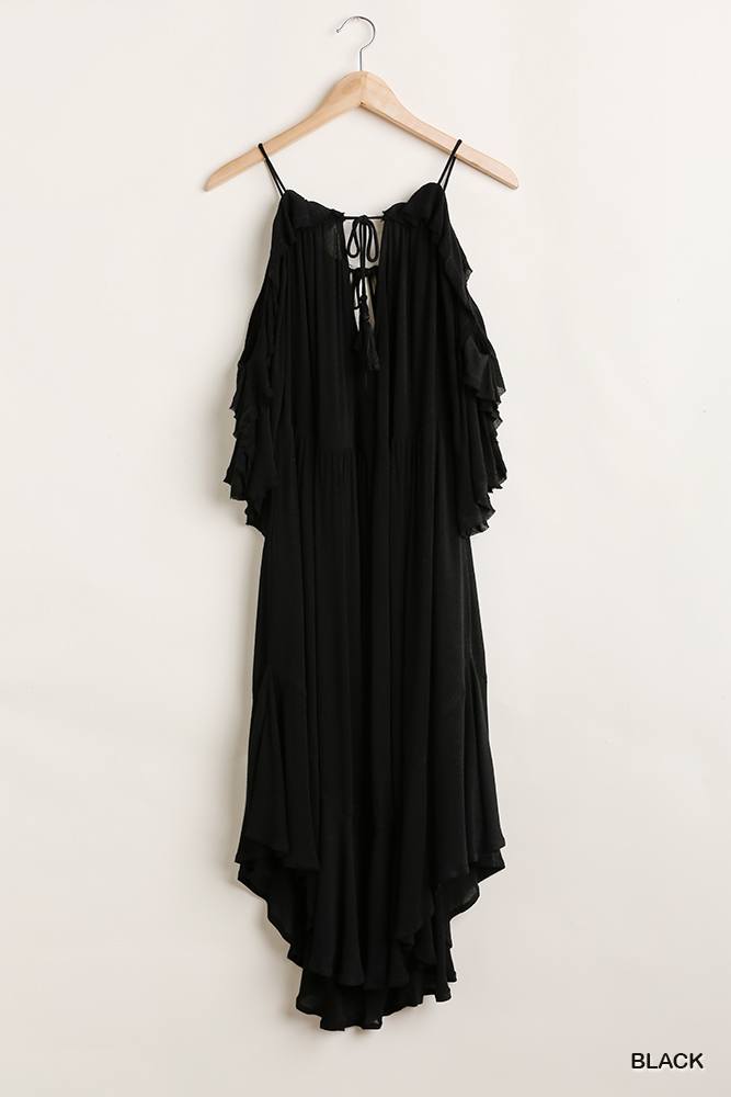 Ruffled Cold Shoulder Maxi Dress With Front Tassel Tie freeshipping - Quail Creek