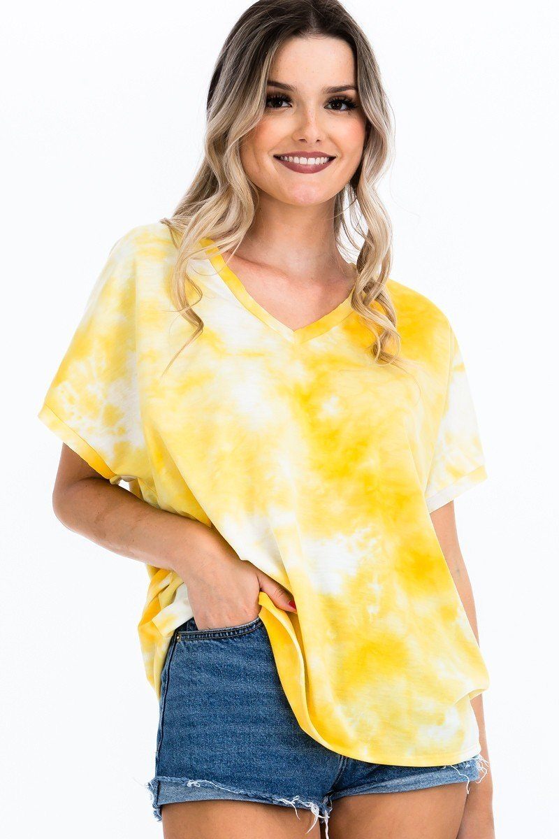 Tie-dye Top Featured In A V-neckline And Cuff Sort Sleeves freeshipping - Quail Creek