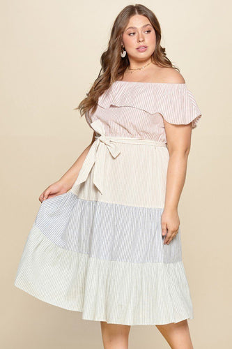 Tiered Off-shoulder Flounce Dress Featuring Stripe Details And Self Ties. freeshipping - Quail Creek