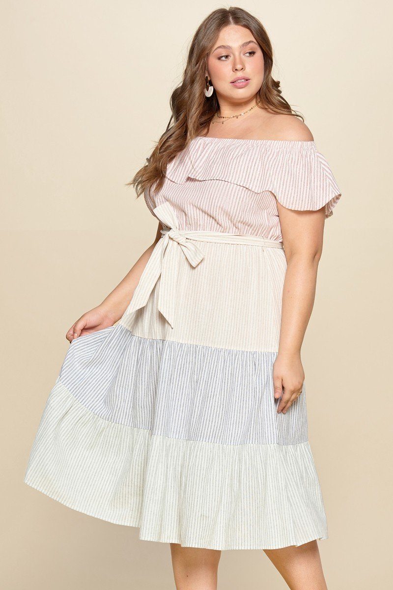 Tiered Off-shoulder Flounce Dress Featuring Stripe Details And Self Ties. freeshipping - Quail Creek