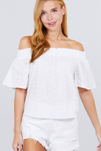 Load image into Gallery viewer, Short Sleeve Off The Shoulder Eyelet Woven Top freeshipping - Quail Creek
