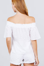 Load image into Gallery viewer, Short Sleeve Off The Shoulder Eyelet Woven Top freeshipping - Quail Creek
