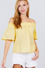 Load image into Gallery viewer, Short Sleeve Off The Shoulder Eyelet Woven Top freeshipping - Quail Creek
