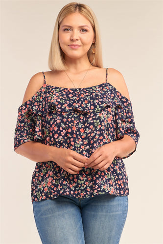 Plus Size Floral Print Relaxed Fit Mini Sleeve Off-the-shoulder Flared Hem Top freeshipping - Quail Creek