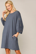 Load image into Gallery viewer, Textured Button Accent Puff Sleeve Side Pockets Shift Dress freeshipping - Quail Creek
