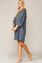 Load image into Gallery viewer, Textured Button Accent Puff Sleeve Side Pockets Shift Dress freeshipping - Quail Creek
