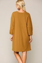 Load image into Gallery viewer, Textured Button Accent Puff Sleeve Side Pockets Shift Dress freeshipping - Quail Creek
