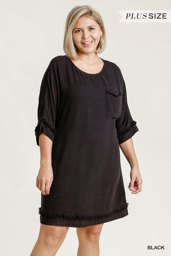 Linen Blend Round Neck Half Sleeve Dress With Chest Pocket And Frayed Edge Detail freeshipping - Quail Creek