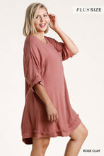 Load image into Gallery viewer, Linen Blend Round Neck Half Sleeve Dress With Chest Pocket And Frayed Edge Detail freeshipping - Quail Creek
