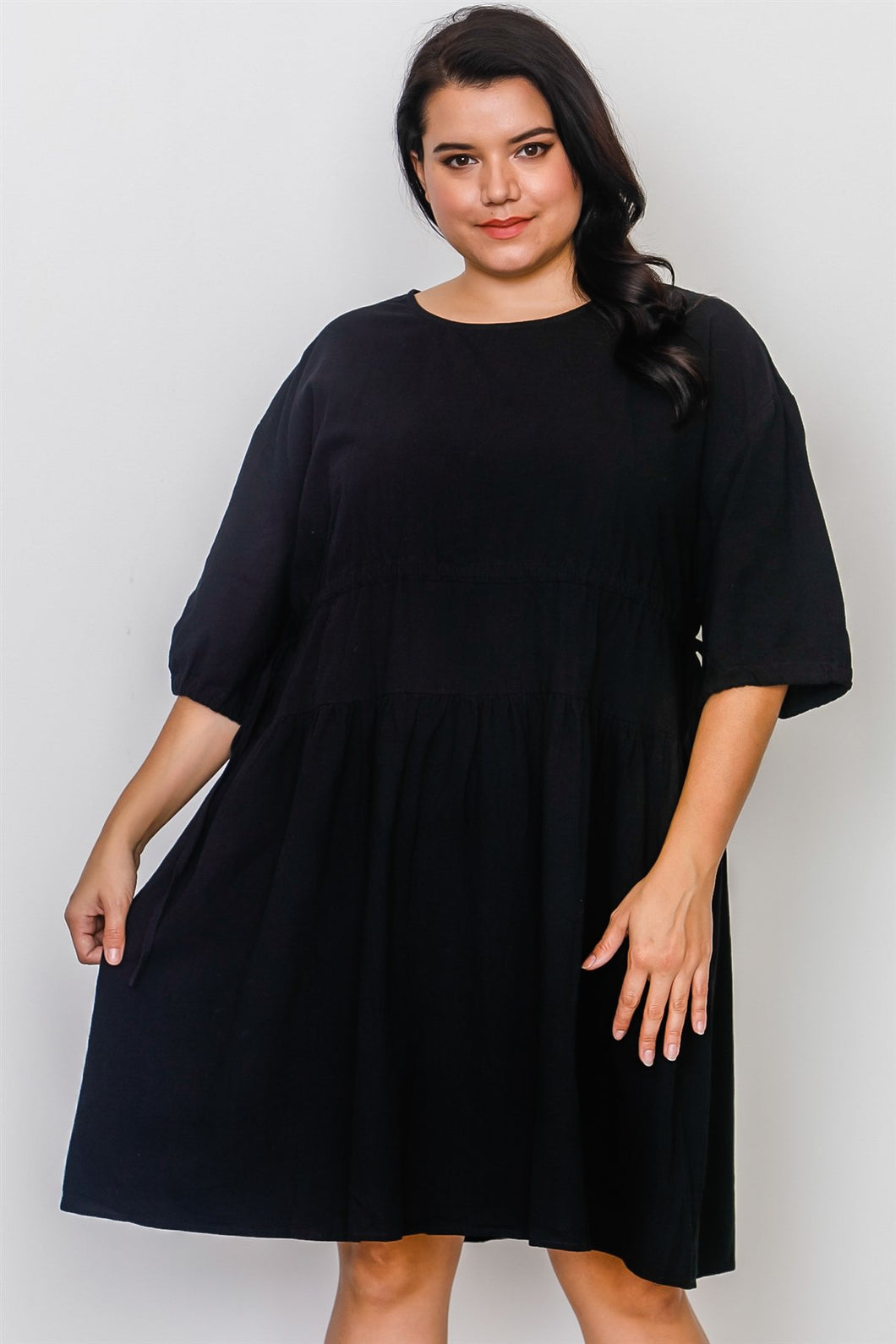 Plus Size Black Tie Sleeve Loose Midi Dress freeshipping - Quail Creek