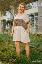 Load image into Gallery viewer, Linen Blend Short Folded Sleeve Animal Print Colorblocked V-neck Dress With Pockets freeshipping - Quail Creek
