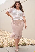 Load image into Gallery viewer, Plus Beige High-waisted Fitted Asymmetrical Flare Hem Midi Pencil Skirt freeshipping - Quail Creek
