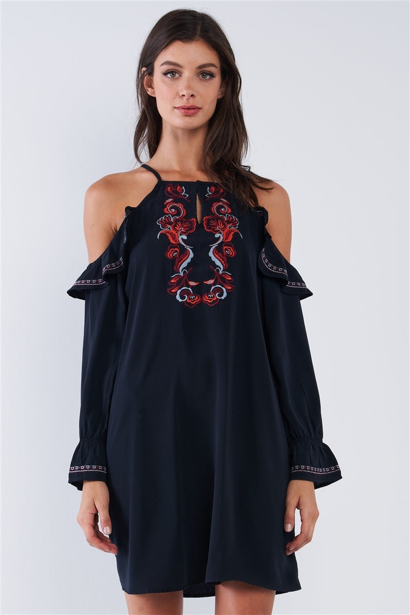 Black Boho Multicolor Traditional Slavic Inspired Floral Embroidery Loose Fit Ruffle Off-the-shoulder Long Sleeve Mini Dress freeshipping - Quail Creek