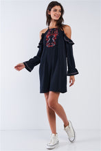 Load image into Gallery viewer, Black Boho Multicolor Traditional Slavic Inspired Floral Embroidery Loose Fit Ruffle Off-the-shoulder Long Sleeve Mini Dress freeshipping - Quail Creek
