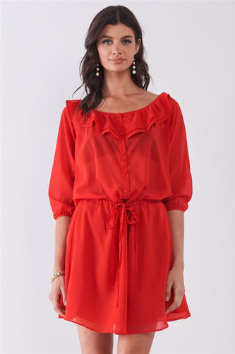 Flame Red Boat Neck Ruffle Collar Midi Sleeve Self-tie Waist Front Button Down Mini Dress freeshipping - Quail Creek