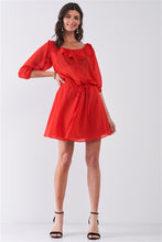 Load image into Gallery viewer, Flame Red Boat Neck Ruffle Collar Midi Sleeve Self-tie Waist Front Button Down Mini Dress freeshipping - Quail Creek
