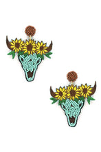 Load image into Gallery viewer, Seed Bead Carved Cow Skull Sunflower Dangle Earring freeshipping - Quail Creek
