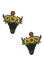 Load image into Gallery viewer, Seed Bead Carved Cow Skull Sunflower Dangle Earring freeshipping - Quail Creek
