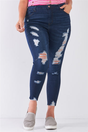 Plus Size Denim Mid-rise Raw Hem Detail Ripped Skinny Jean Pants freeshipping - Quail Creek