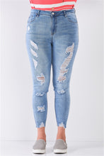 Load image into Gallery viewer, Plus Size Denim Mid-rise Raw Hem Detail Ripped Skinny Jean Pants freeshipping - Quail Creek
