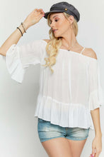 Load image into Gallery viewer, Ruffled Cold Shoulder Sheer Blouse Top freeshipping - Quail Creek
