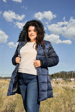 Load image into Gallery viewer, Plus Glossy Long Fitted Vegan Fur Hood Detail Winter Puffer Jacket
