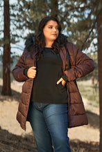 Load image into Gallery viewer, Plus Glossy Long Fitted Vegan Fur Hood Detail Winter Puffer Jacket
