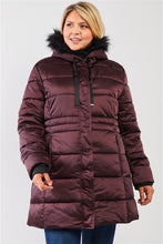 Load image into Gallery viewer, Plus Glossy Long Fitted Vegan Fur Hood Detail Winter Puffer Jacket
