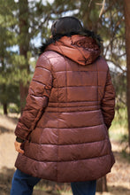 Load image into Gallery viewer, Plus Glossy Long Fitted Vegan Fur Hood Detail Winter Puffer Jacket
