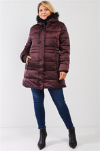 Load image into Gallery viewer, Plus Glossy Long Fitted Vegan Fur Hood Detail Winter Puffer Jacket
