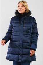 Load image into Gallery viewer, Plus Glossy Long Fitted Vegan Fur Hood Detail Winter Puffer Jacket
