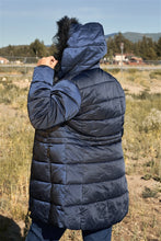 Load image into Gallery viewer, Plus Glossy Long Fitted Vegan Fur Hood Detail Winter Puffer Jacket
