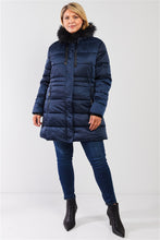 Load image into Gallery viewer, Plus Glossy Long Fitted Vegan Fur Hood Detail Winter Puffer Jacket
