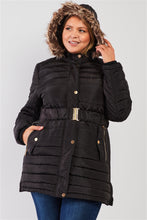 Load image into Gallery viewer, Plus Parallel Quilt Faux Fur Hood Belted Padded Long Puffer Jacket
