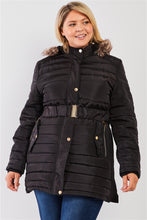 Load image into Gallery viewer, Plus Parallel Quilt Faux Fur Hood Belted Padded Long Puffer Jacket
