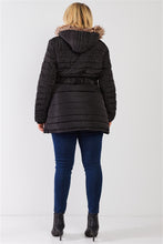 Load image into Gallery viewer, Plus Parallel Quilt Faux Fur Hood Belted Padded Long Puffer Jacket
