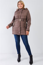 Load image into Gallery viewer, Plus Parallel Quilt Faux Fur Hood Belted Padded Long Puffer Jacket
