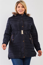 Load image into Gallery viewer, Plus Parallel Quilt Faux Fur Hood Belted Padded Long Puffer Jacket
