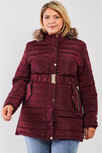 Load image into Gallery viewer, Plus Parallel Quilt Faux Fur Hood Belted Padded Long Puffer Jacket
